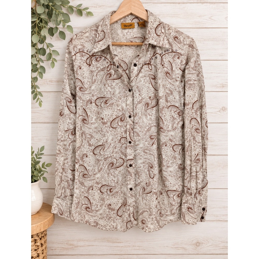 Wrangler Button Down Shirt Womens M Brown Paisley Western Snap Rhinestone